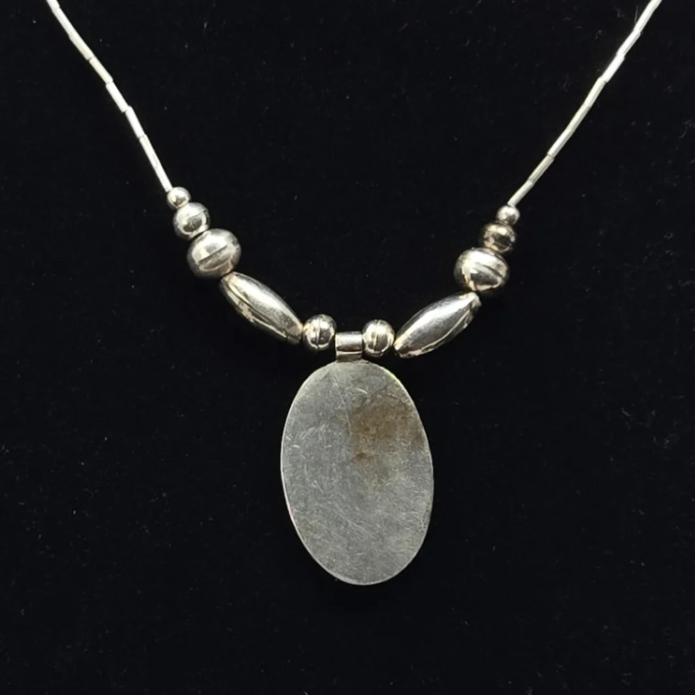 Vintage Sterling Silver Beaded Necklace With Turquise Stone Pendant 16 Inches - Picture 8 of 9